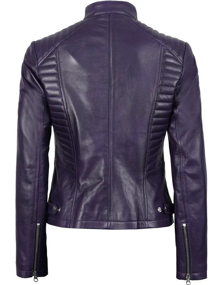 Women’s purple biker leather jacket front view