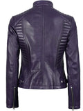 Back view of slim fit women’s purple leather jacket