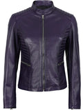 Women’s purple biker leather jacket front view
