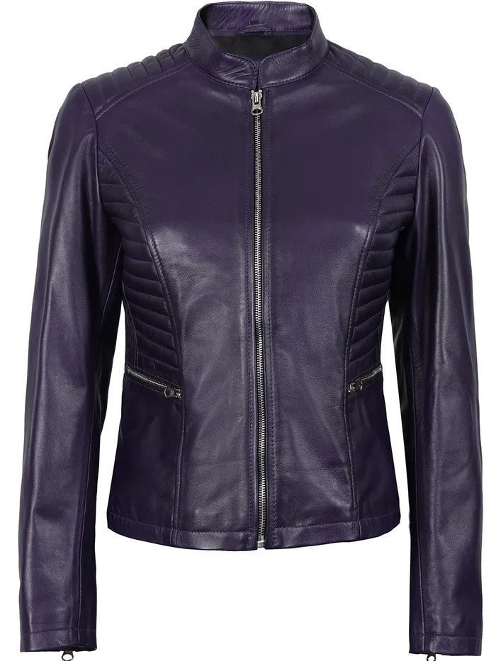 Women’s purple biker leather jacket front view
