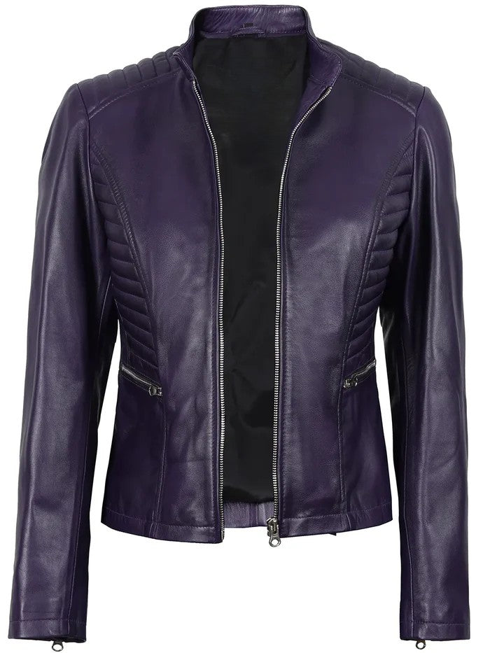 Women’s purple biker leather jacket front view