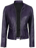 Women’s purple biker leather jacket front view