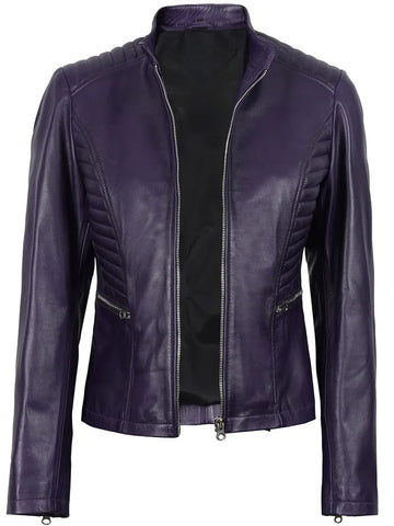 Women’s purple biker leather jacket front view