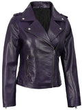Women’s purple biker leather jacket side angled front view