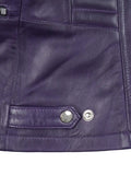 Adjustable waist straps on purple biker jacket for women