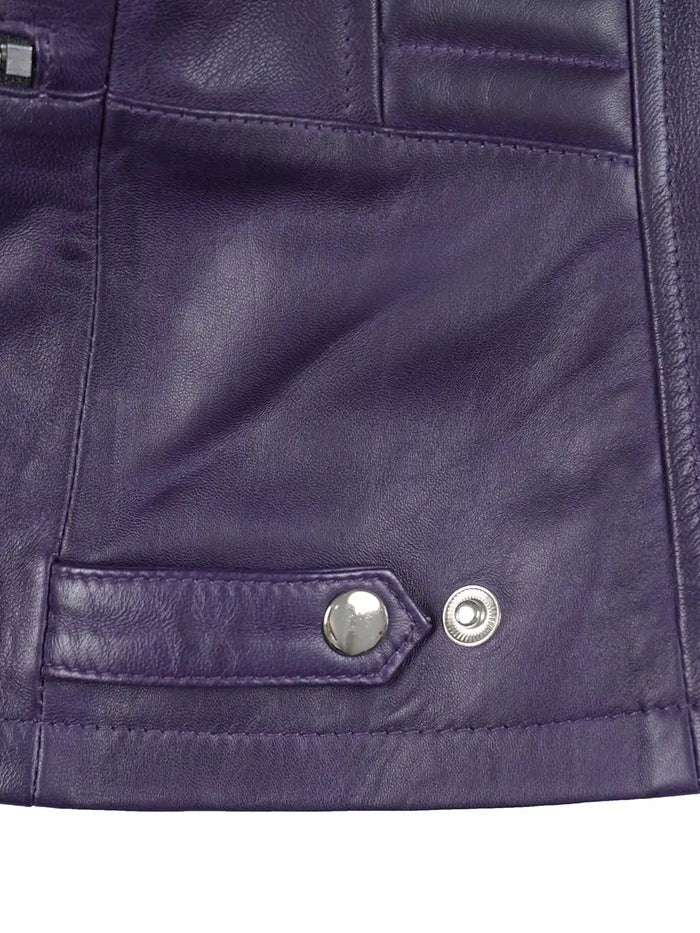Adjustable waist straps on purple biker jacket for women