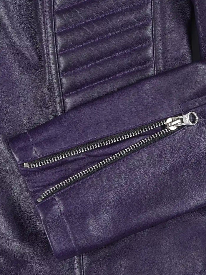Close-up of zipper detail on purple biker leather jacket