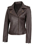 Women’s purple brown motorcycle leather jacket angled front