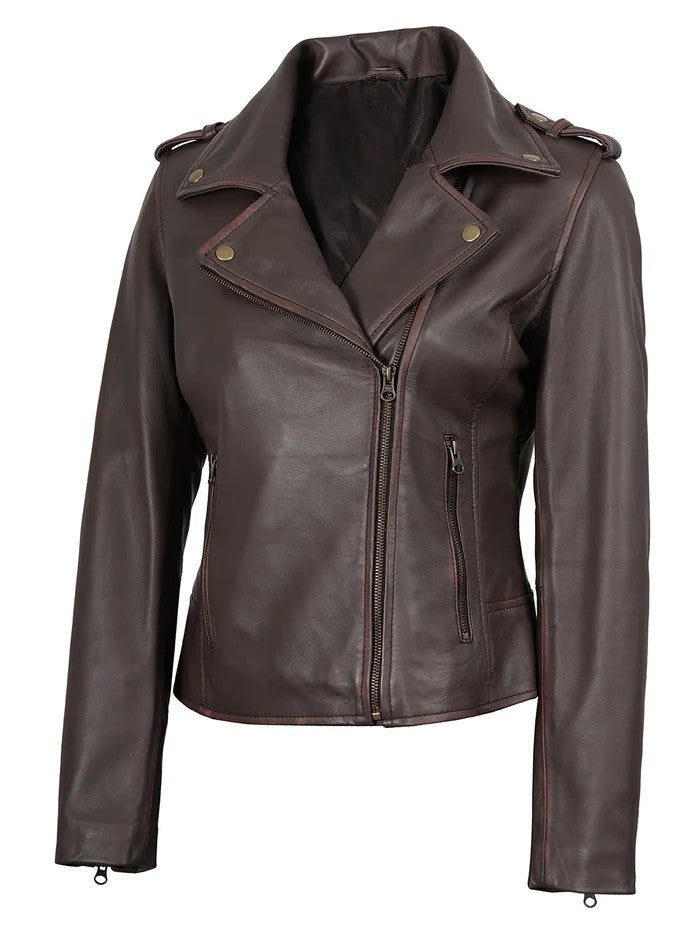 Women’s purple brown motorcycle leather jacket angled front