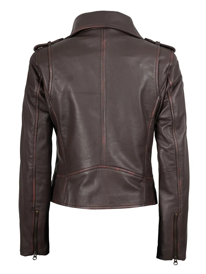 Women’s purple brown biker leather jacket front view – Livra Jackets