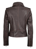 Women’s purple brown biker leather jacket back view – slim fit