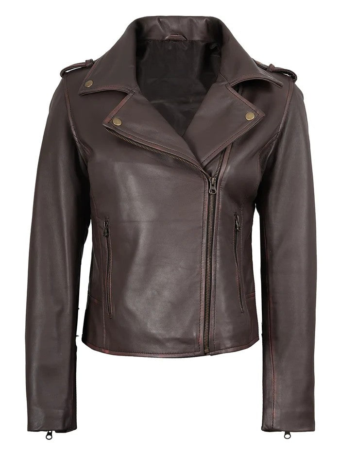Women’s purple brown biker leather jacket front view – Livra Jackets