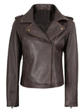 Women’s purple brown biker leather jacket front view – Livra Jackets