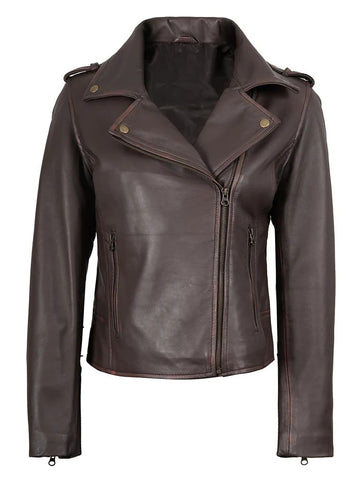 Women’s purple brown biker leather jacket front view – Livra Jackets