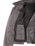 Inside lining of women’s purple brown leather biker jacket