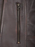 Women’s purple brown biker leather jacket pocket zipper close-up