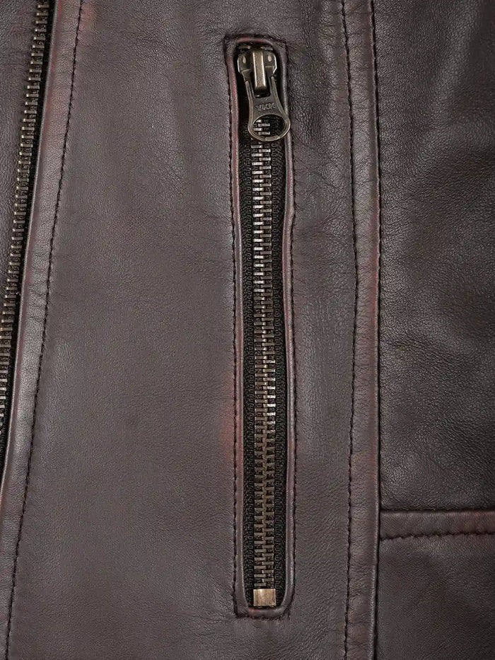 Women’s purple brown biker leather jacket pocket zipper close-up