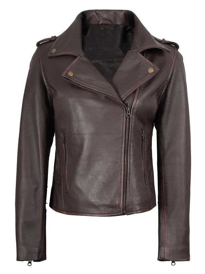 Women’s Purple Brown Biker Leather Jacket – Slim Fit Motorcycle Style | Livra Jackets – Genuine Leather Jacket | Livra Jackets