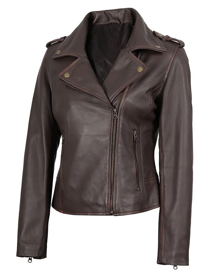 Women’s Purple Brown Biker Leather Jacket – Slim Fit Motorcycle Style | Livra Jackets – Genuine Leather Jacket | Livra Jackets