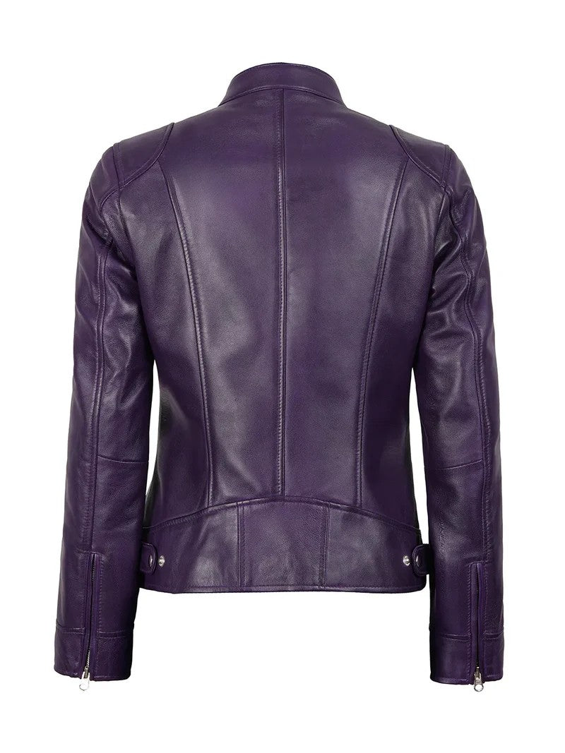 Back View of Women’s Purple Café Racer Leather Jacket