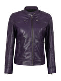 Women’s Purple Café Racer Leather Jacket Front View