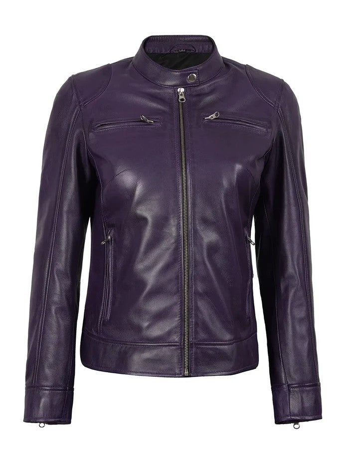 Women’s Purple Café Racer Leather Jacket Front View
