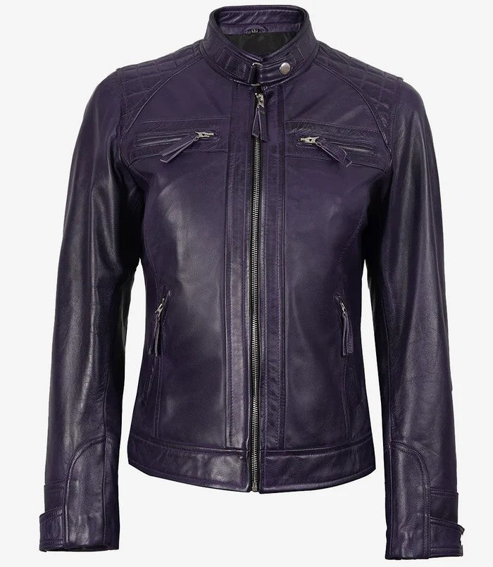Women’s Purple Café Racer Leather Jacket Front View