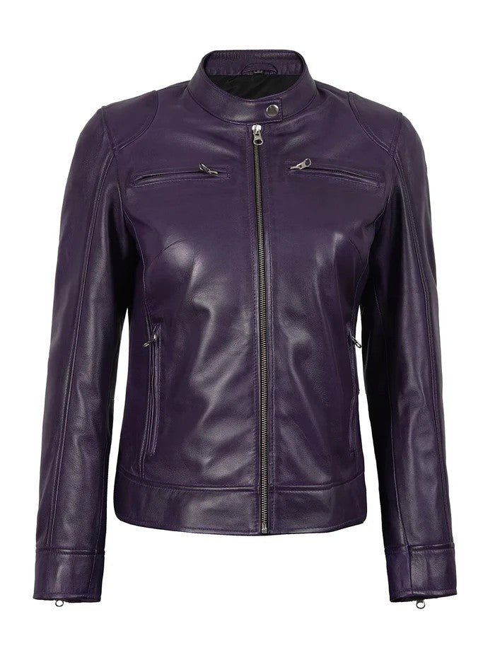 Women’s Purple Café Racer Leather Jacket – Genuine Slim Fit | Livra Jackets – Genuine Leather Jacket | Livra Jackets