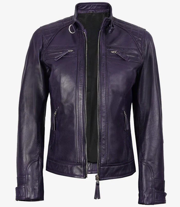 Women’s Purple Café Racer Leather Jacket – Quilted Shoulder Real Leather | Livra Jackets – Genuine Leather Jacket | Livra Jackets