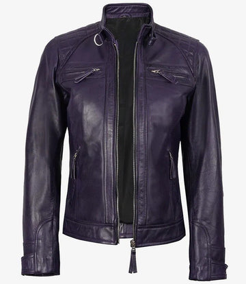 Women’s Purple Café Racer Leather Jacket – Quilted Shoulder Real Leather | Livra Jackets – Genuine Leather Jacket | Livra Jackets
