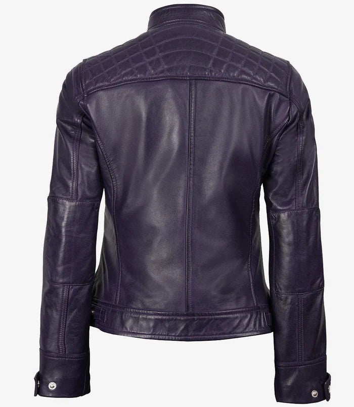 Women’s Real Leather Purple Café Racer Jacket Open Front