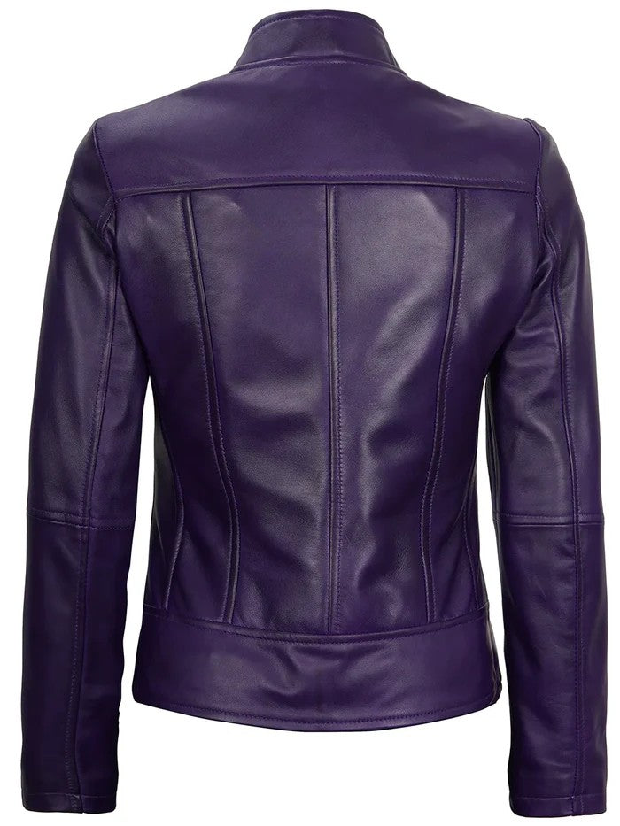 Women’s Purple Leather Jacket Back View