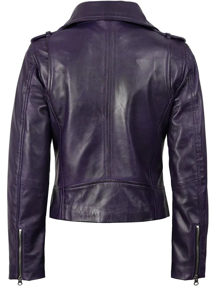 Women’s purple asymmetrical leather motorcycle jacket front view – Livra Jackets