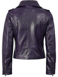 Women’s purple leather motorcycle jacket back view – slim fit