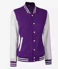 Side angle Women’s Varsity Jacket in purple and white