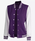 Side angle Women’s Varsity Jacket in purple and white