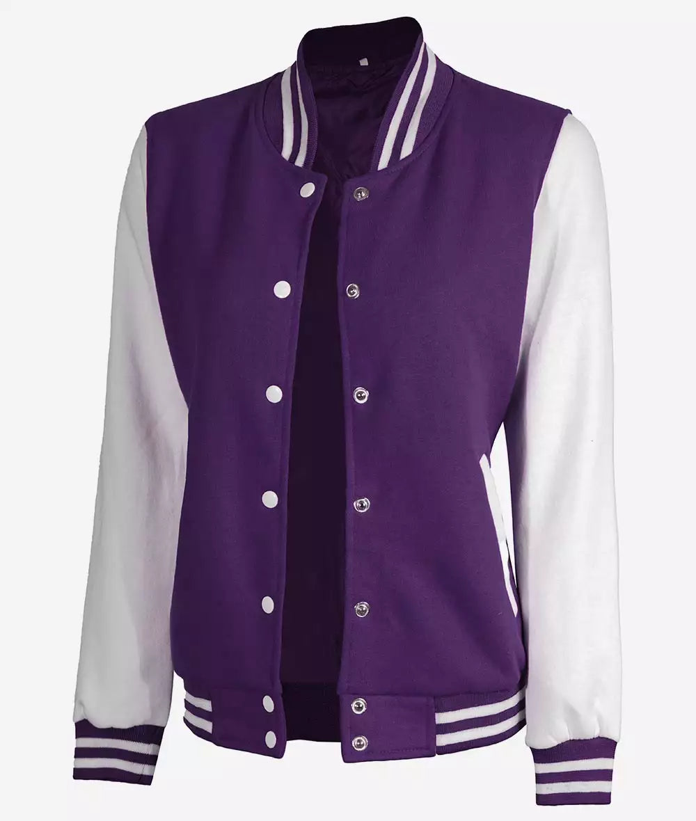 Side angle Women’s Varsity Jacket in purple and white