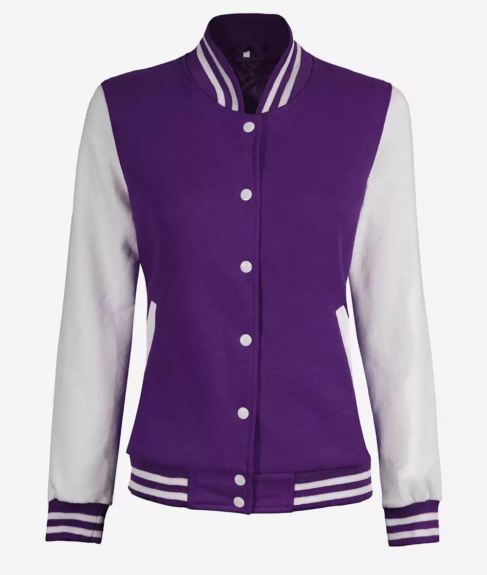 Women’s Purple & White Varsity Jacket front view