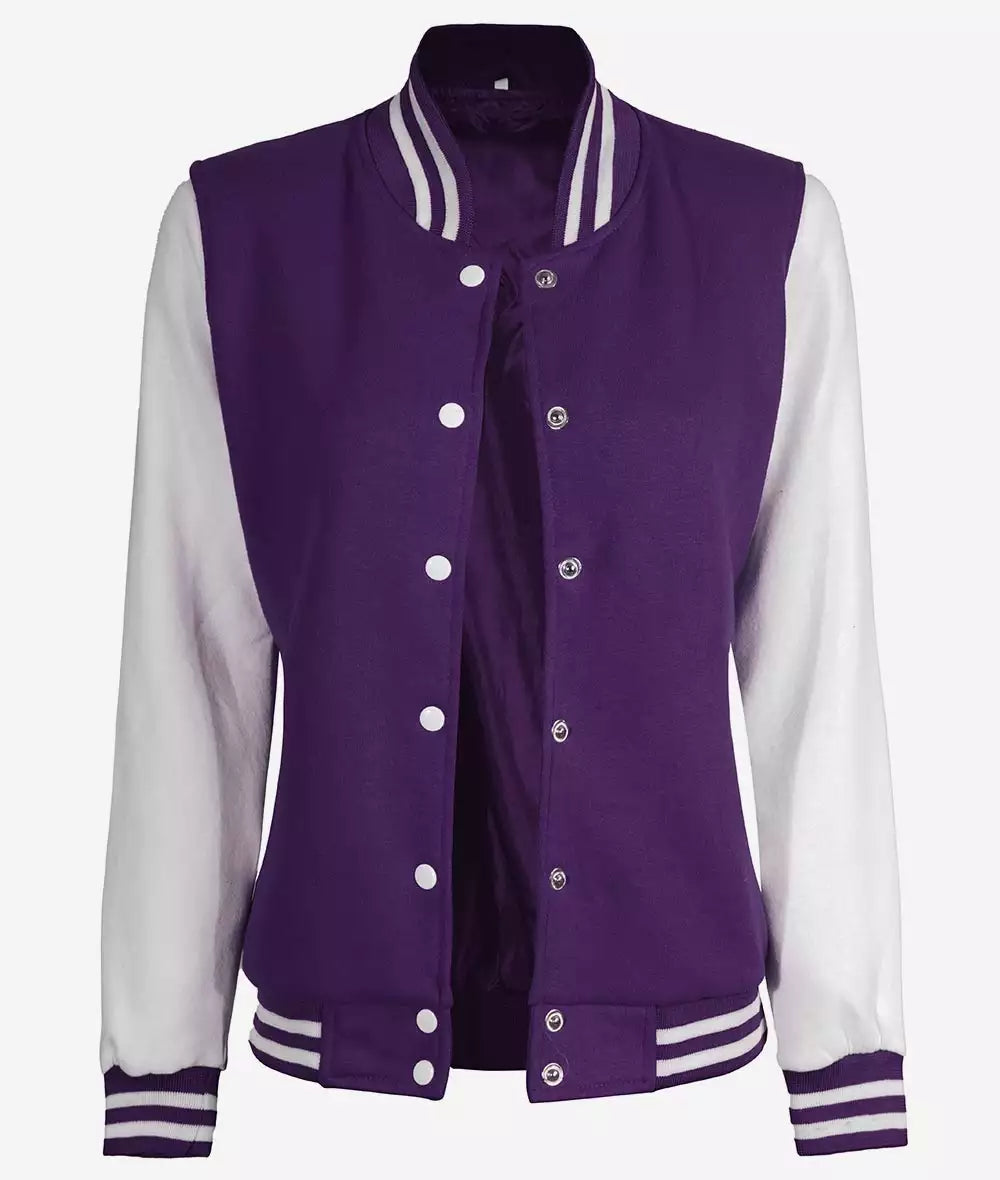 Women’s Purple & White Varsity Jacket front view