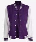 Women’s Purple & White Varsity Jacket front view
