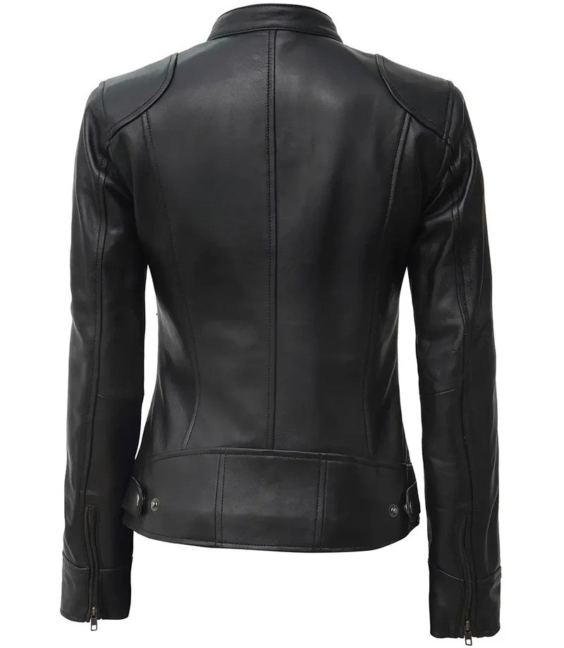 Slim Fit Black Café Racer Leather Jacket for Women