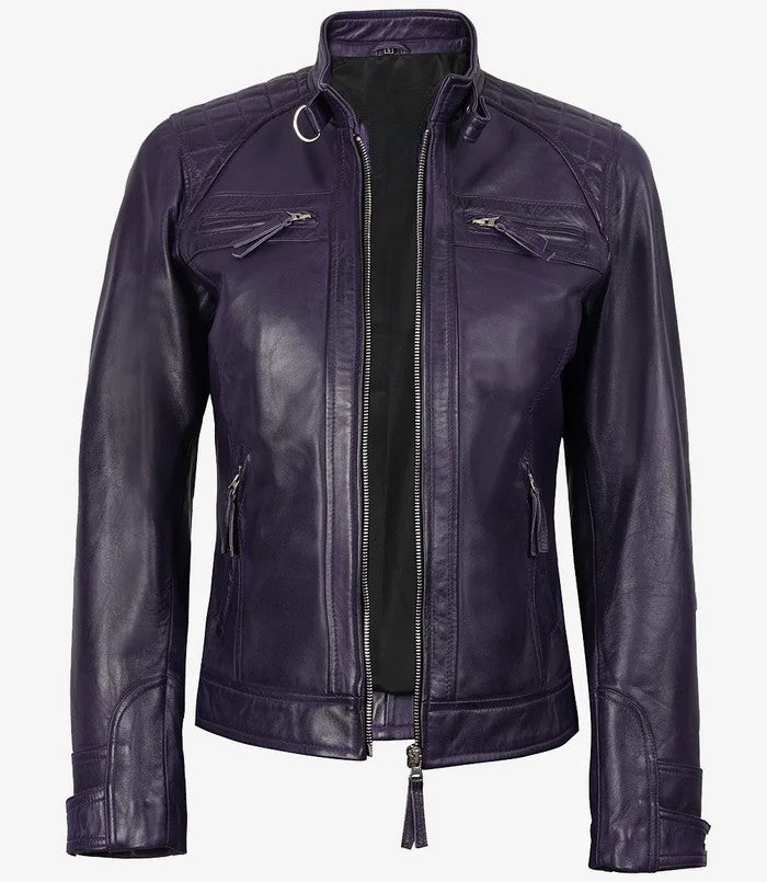 Women’s Real Leather Purple Café Racer Jacket Open Front
