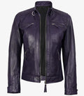 Women’s Real Leather Purple Café Racer Jacket Open Front