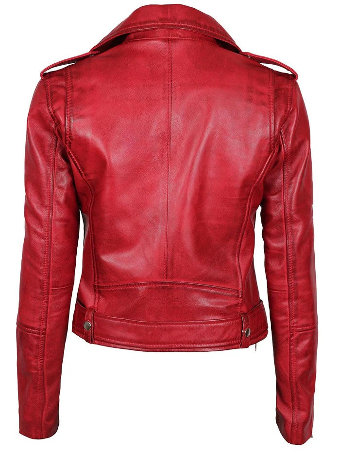 Women’s red biker leather jacket front view – Livra Jackets