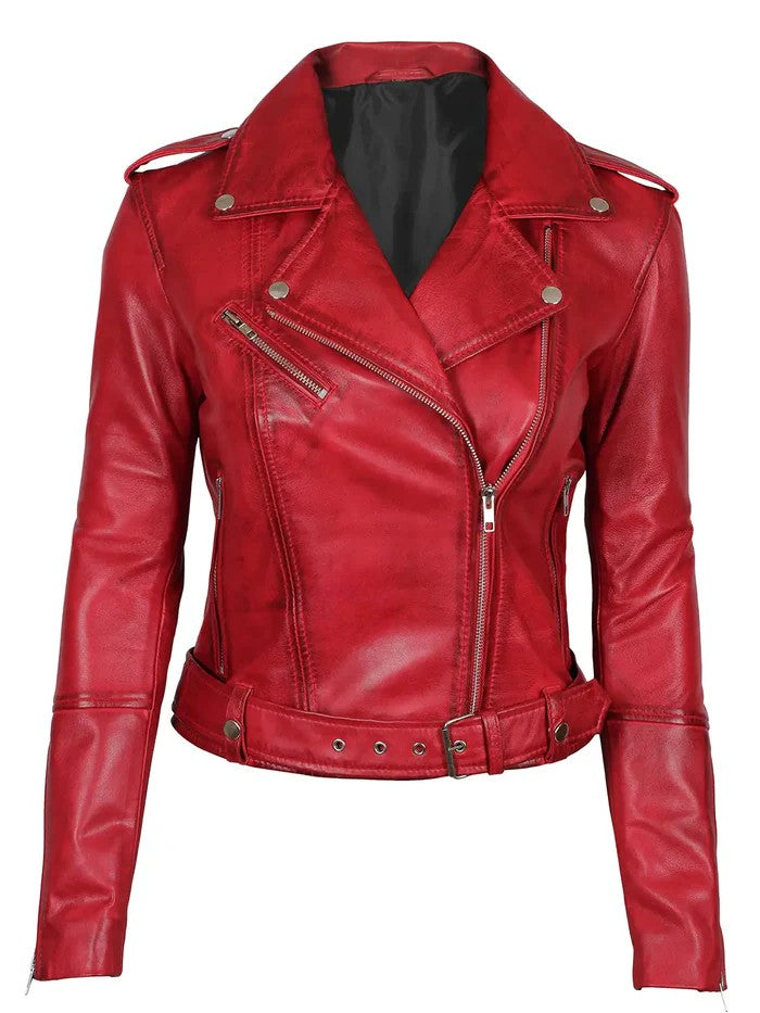 Women’s red biker leather jacket front view – Livra Jackets