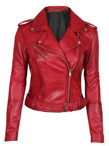 Women’s red biker leather jacket front view – Livra Jackets