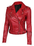 Women’s red biker leather jacket angled front with belt