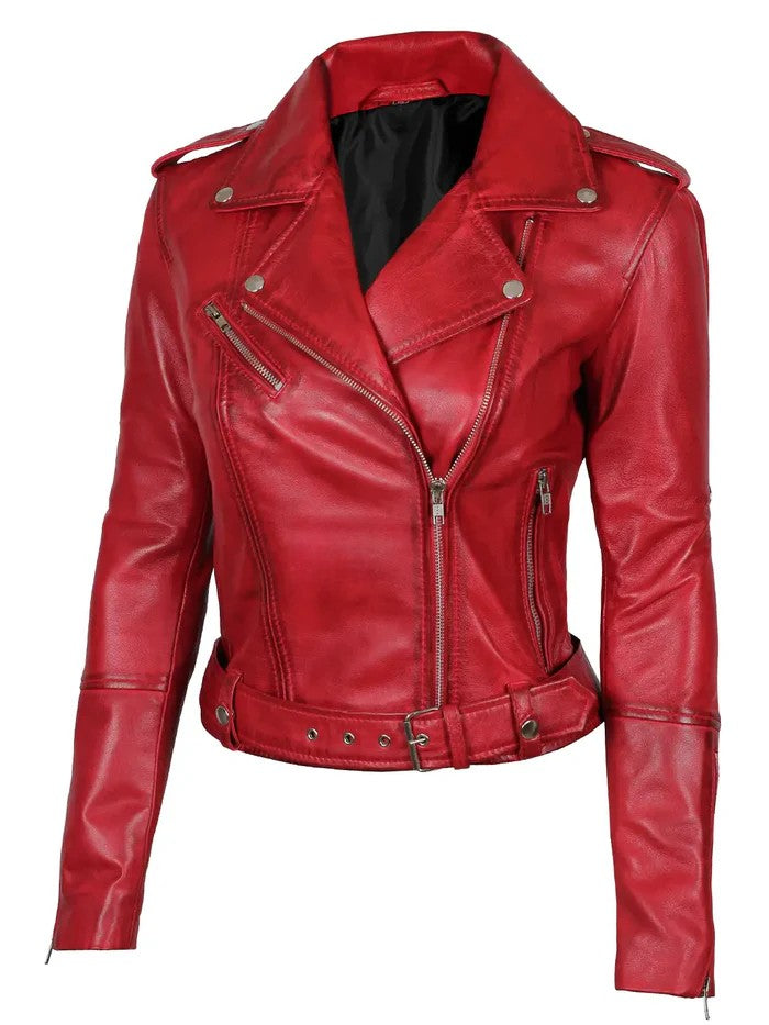Women’s red biker leather jacket angled front with belt