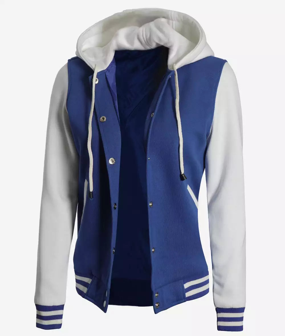 Side angle Women’s Hooded Baseball Varsity Jacket