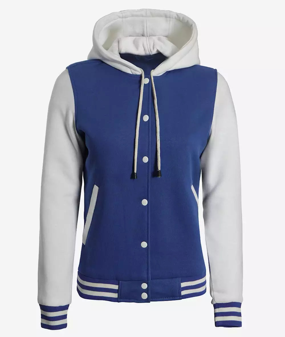 Hooded Women’s Royal Blue Letterman Jacket snap button design